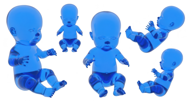 Transparent blue baby dolls in various poses on a white background for abstract conceptual illustrations