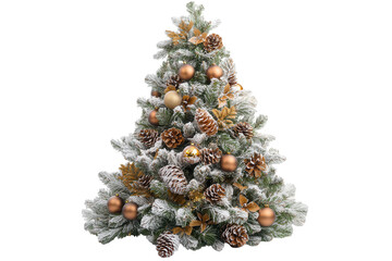 Flocked christmas tree decorated with pine cones and bronze ornaments isolated on transparent background