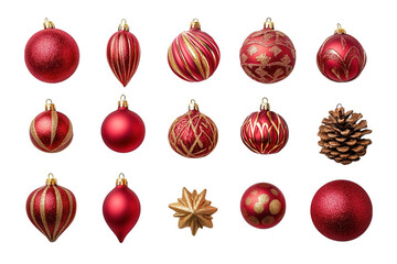Collection of festive red and gold christmas ornaments and a pine cone isolated on transparent background