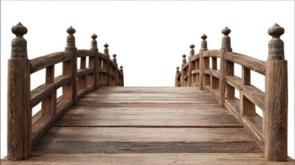 Fototapeta premium Traditional Japanese-style wooden bridge, set against a plain white background. 