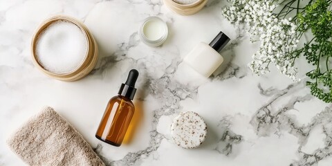 Minimalist skincare essentials collection displayed on white marble