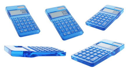 Several blue calculators floating against a white backdrop displaying the number 300 ideal for business and financial concepts