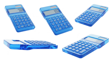 Several blue calculators floating against a white backdrop displaying the number 300 ideal for business and financial concepts