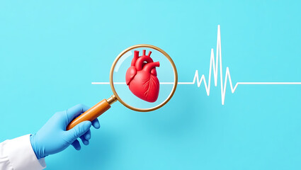 Doctor examines red heart through magnifying glass with cardiogram