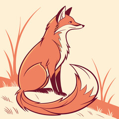Illustration of a sitting red fox with bushy tail in natural grass landscape wildlife animal concept drawing