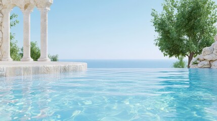 Obraz premium Serene Poolside Vista: Capturing the essence of tranquility, a pristine infinity pool merges seamlessly with the azure horizon, framed by classical architecture and lush greenery. 