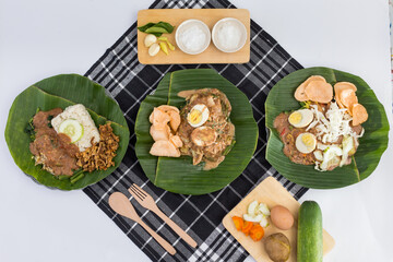 Healthy Fresh Cuisine Indonesian Mixed Vegetables - Gado-Gado, Lotek & Pecel with Rich Peanut Dressing & Crispy Mushroom. Isolated in White Background