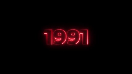 1991 neon line text. Abstract 1991 neon text animation, Glowing neon number text background 4k animation. Concept of counting years. Past year technology concept.