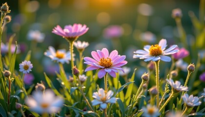 dew soaked wildflowers glowing in early morning light symbolizing fresh seasonal beginnings and natural purity
