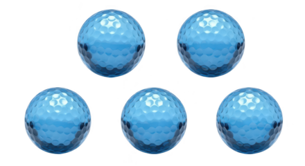 Five blue golf balls arranged on a white background showcasing a simple design suitable for sport or leisure concepts