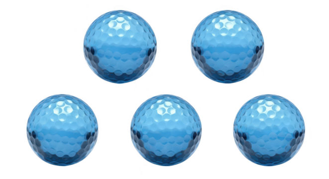 Five blue golf balls arranged on a white background showcasing a simple design suitable for sport or leisure concepts