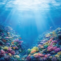 Fototapeta premium Underwater Reefscape: Sunlight filters through the crystalline water, illuminating a vibrant coral reef teeming with marine life, a captivating display of nature's artistry.