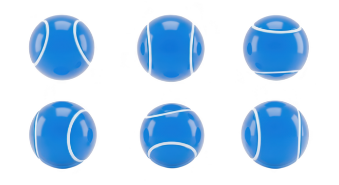Six blue tennis balls arranged isolated on white background showing various perspectives for sports design or education