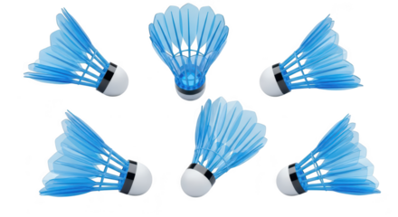 Blue shuttlecocks on white background multiple angles illustrating sports equipment for athletic promotions