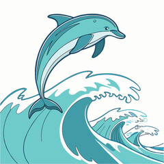 Naklejka premium Dolphin Jumping Over Ocean Waves Blue Sea Marine Animal Wildlife Nature Illustration
