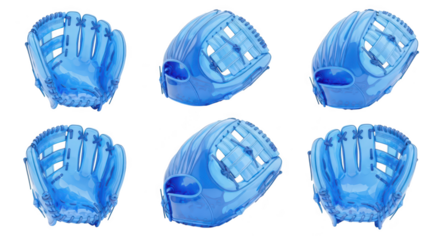 Blue baseball glove collection various angled views isolated on white backdrop for sports equipment concept art and product promotion