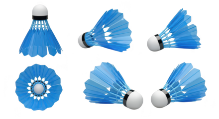 Blue shuttlecocks in multiple views set against a white background showcasing detailed features for sports design and product imagery