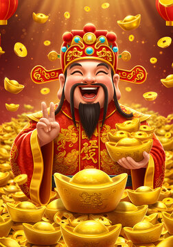 Chinese God of Wealth, Cai Shen, with Gold Ingots and Coins - Lunar New Year Illustration.