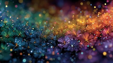 Colorful Glowing Fantasy Flowers With Rainbow Light Sparkles and Abstract Digital Background in Vibrant Style