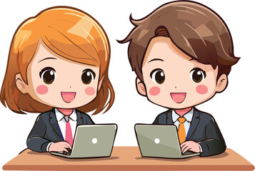 cartoon of business colleagues working together chibi style