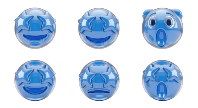 Set of 3D blue emoji spheres showing facial expressions on a white background Could be used for digital communication or design elements