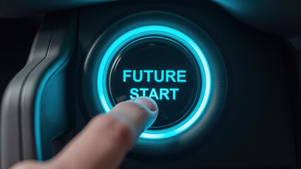 Finger pressing futuristic start button in vehicle, illuminated with blue glow, symbolizes innovation and technology