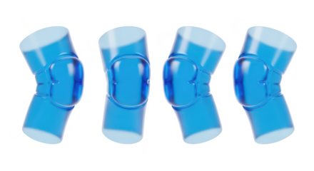 Four blue transparent knee joints isolated on white depicting range of motion for medical illustration