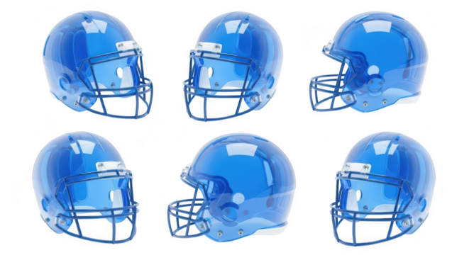 Transparent blue football helmets in various angles on white backdrop conceptual design for safety or technology illustration