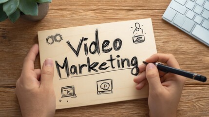 A person writes "Video Marketing" on a wooden board, illustrating concepts related to video production and digital marketing strategies.