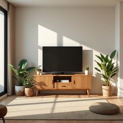 japandi style tv room with wood furniture, zen plants, clean lines, beige rug, neutral palette, peaceful modern interior