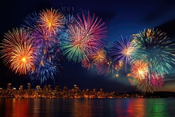 fireworks exploding over modern city skyline reflected on river, colorful night sky, celebration vibe, no text.