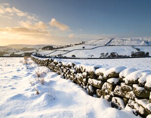 Snowy landscape with stone wall