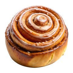 Fototapeta premium A sweet cinnamon roll, baked golden brown with a swirl of icing, presented isolated on a clean white background