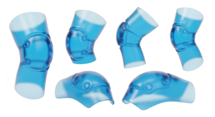 Several transparent blue knee pads in different positions isolated on white showcasing product design potential for safety sports or medical usage