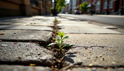 green plant sprouting through cracked pavement on a quiet city sidewalk with afternoon light and worn textures