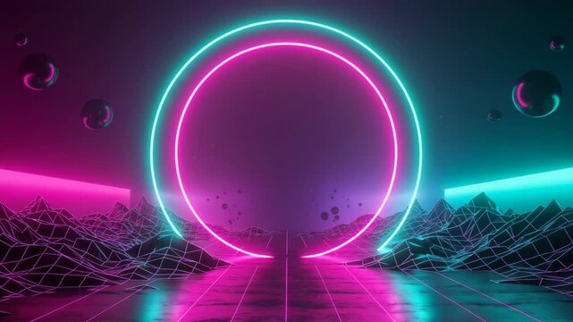 Glowing Neon Ring on Reflective Grid Plane in Abstract Digital Space with Floating Spheres, Futuristic View - Powered by Adobe