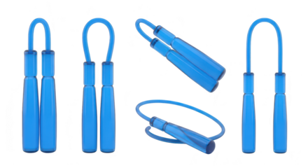 Blue jump ropes on white arranged in various positions For fitness exercise and workout concepts