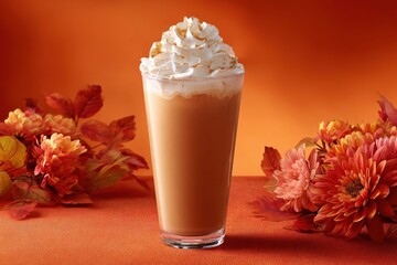 A creamy beverage topped with whipped cream and surrounded by vibrant autumn flowers on an orange background.