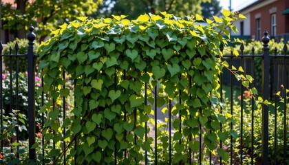 ivy plant overtaking metal fence in a quiet urban garden with sunshine highlighting green leaves