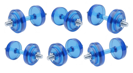 Six transparent blue dumbbells arranged on a white background; ideal for fitness exercise workout visuals