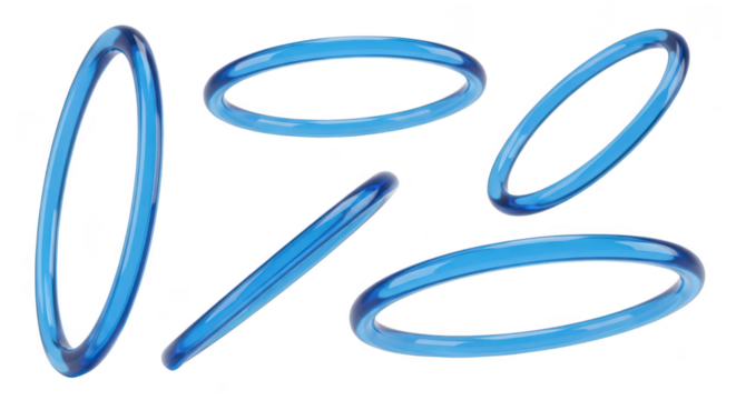Various angles of blue transparent ovals on a white background showcasing product design elements