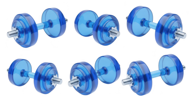 Six transparent blue dumbbells arranged on a white background; ideal for fitness exercise workout visuals