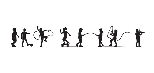  Collection of playful child silhouettes in various activities like running, skipping, biking, and ball games. Perfect for youth, recreation, and childhood design themes.