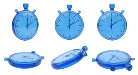 Blue translucent stopwatch showing varying angles measuring time isolated on white background for concepts of speed and duration