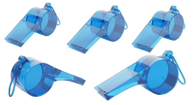 Transparent blue whistles in various positions on a white surface showing sports equipment usage signaling or communication needs