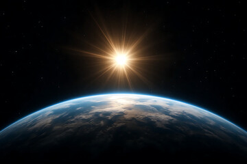 Fototapeta premium High-Contrast Image of Earth's Edge with Sunlight Rays in Space