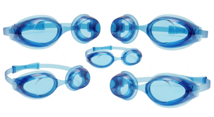 Blue swim goggles arranged on a white backdrop for showcasing swim gear or water sports equipment
