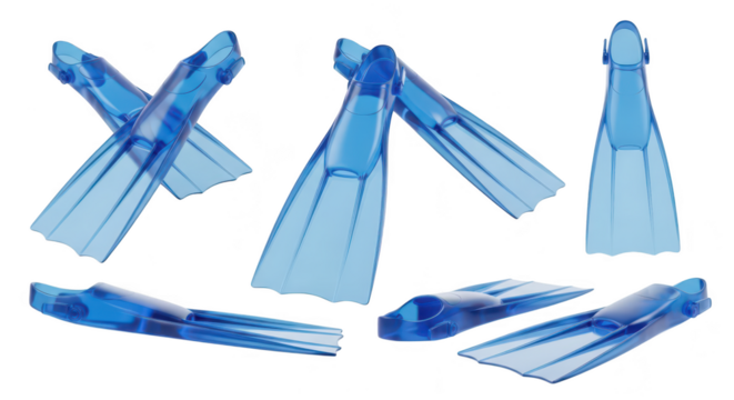 Blue swim fins in various poses on a plain white background demonstrating aquatic equipment uses