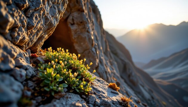 last of species growing in remote alpine cliff crevice captured under soft dawn light symbolizing nature's endurance
