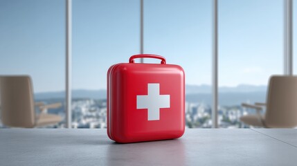 A red first aid kit prominently displayed on a table, with a panoramic view of a city skyline in the background.